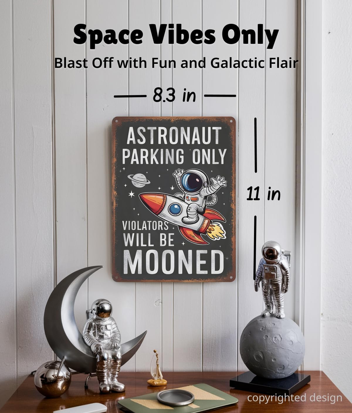 Opix Design Astronaut Parking Sign rocket illustration—fun room focal point and space theme