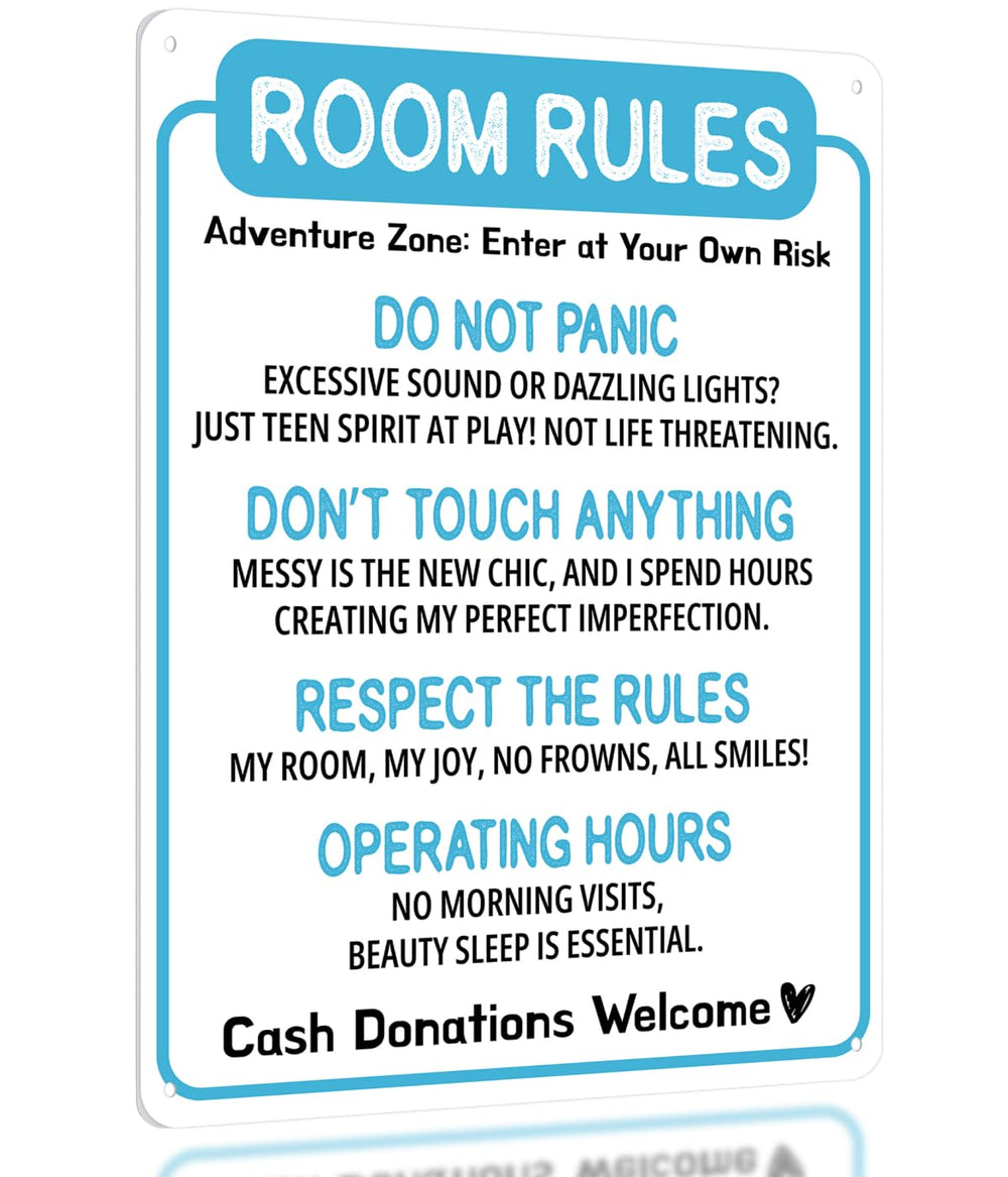 Opix Design funny room rules sign blue door adds playful teen room personality.