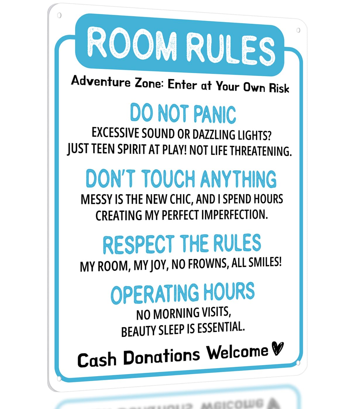 Opix Design funny room rules sign blue door adds playful teen room personality.