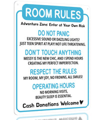 Opix Design funny room rules sign blue door adds playful teen room personality.