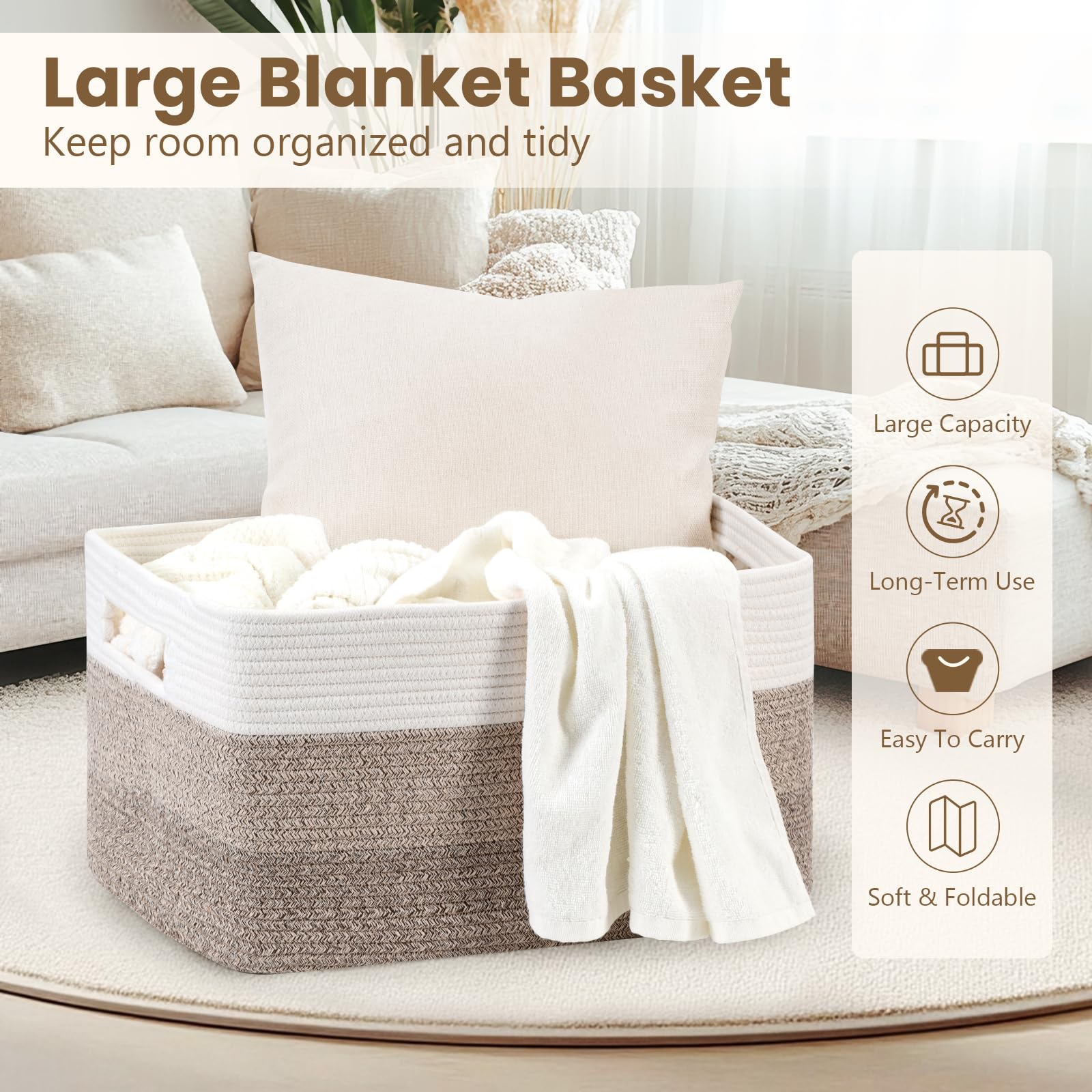 Optish 75L blanket basket side view highlighting sturdy handles for easy transport