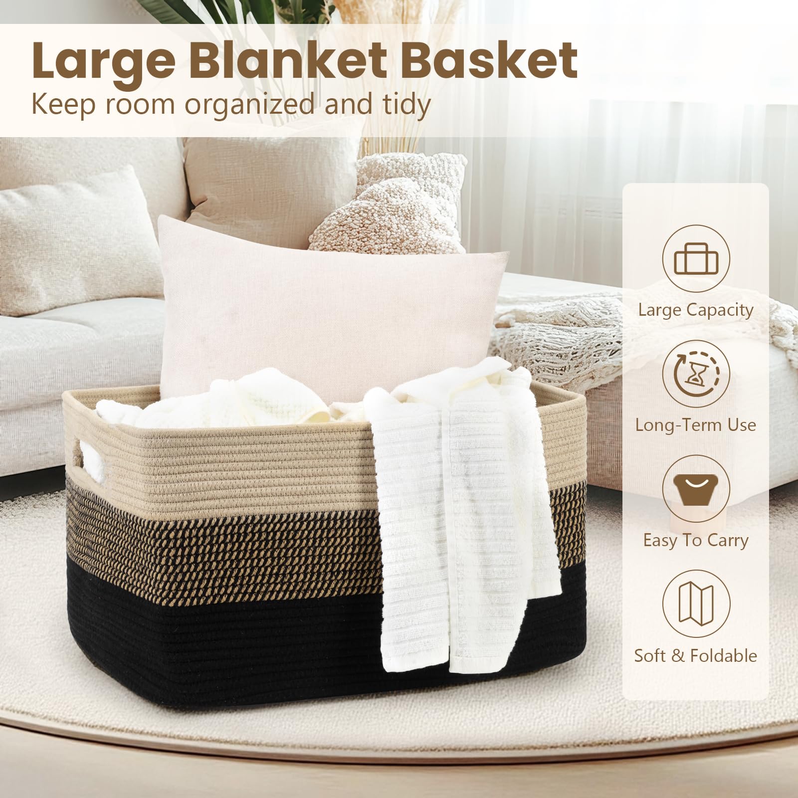 Optish 75L blanket basket with sturdy handles for easy moving between rooms.
