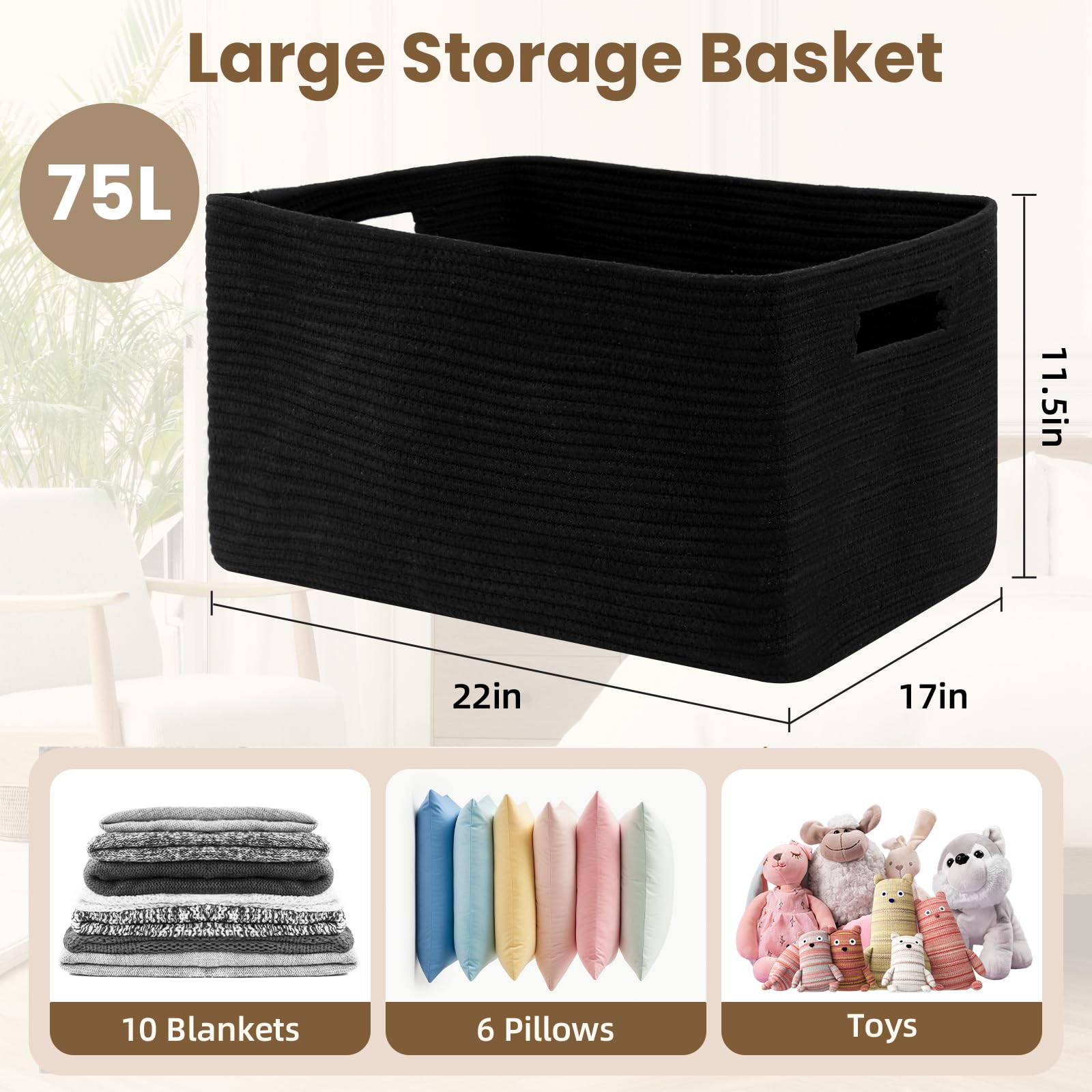 Optish 75L basket stores blankets, toys, and clothes neatly.