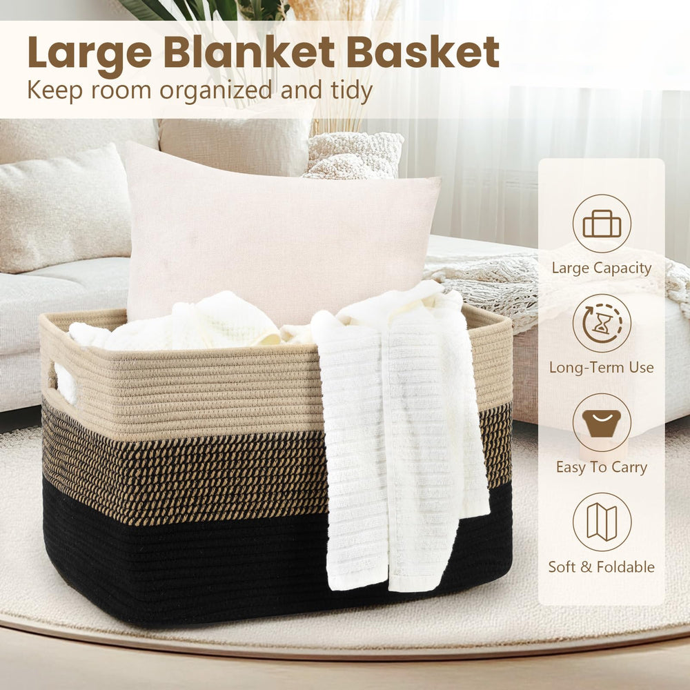 Optish 95L basket with blankets inside shows generous capacity for cozy essentials.