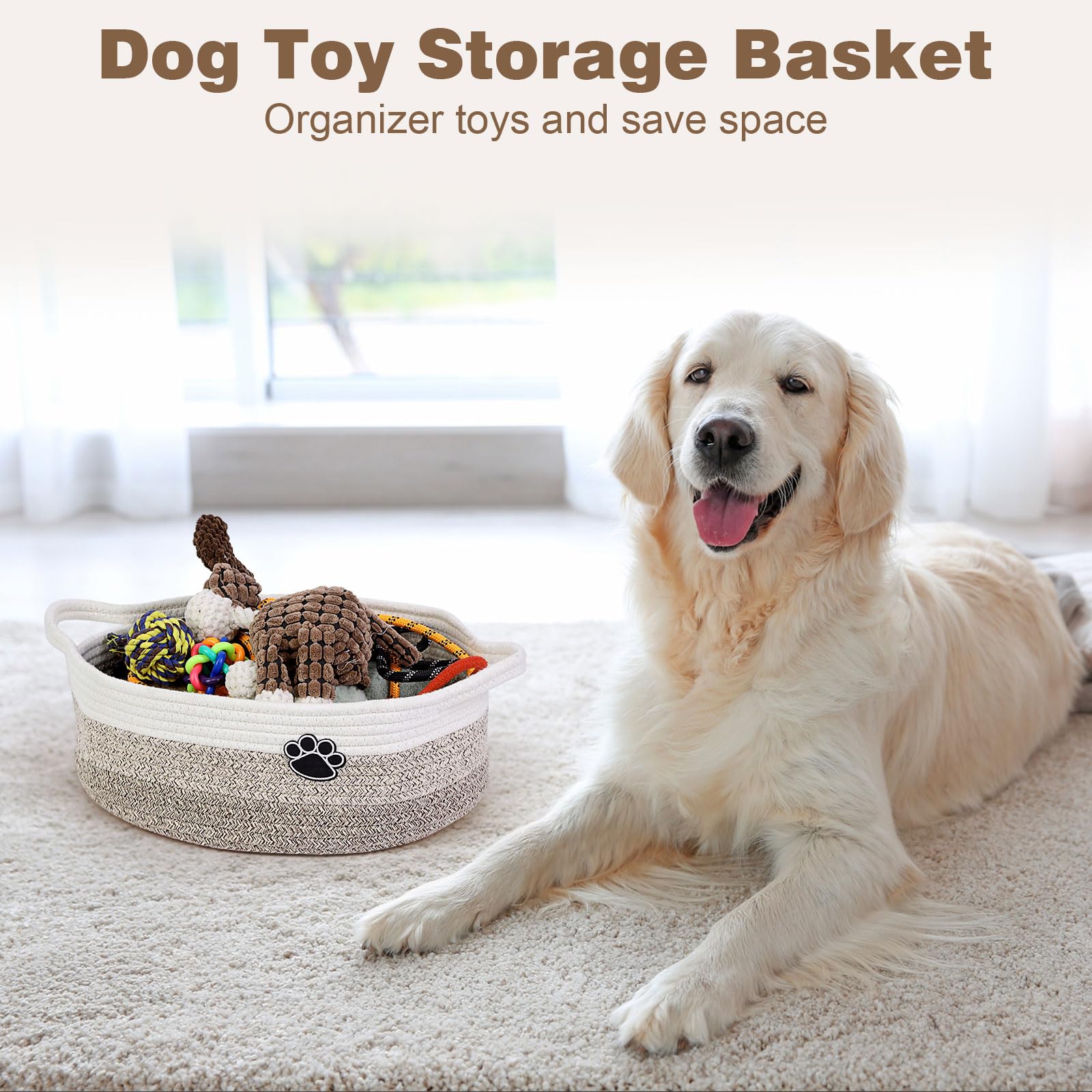 Optish dog toy basket filled with toys demonstrating quick cleanup and organization.
