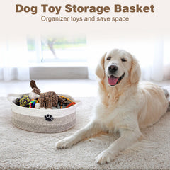 Optish dog toy basket filled with toys demonstrating quick cleanup and organization.