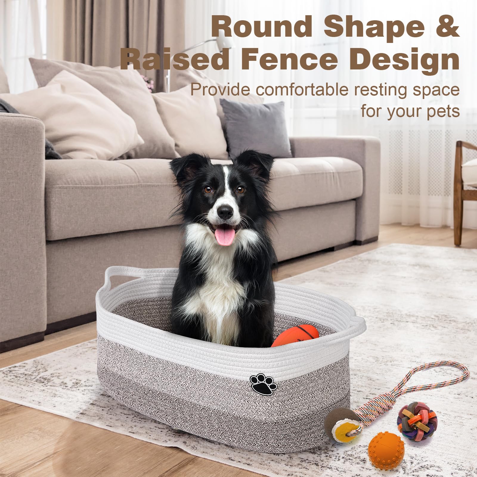 Optish dog toy basket with toys inside illustrates easy access and toy organization.