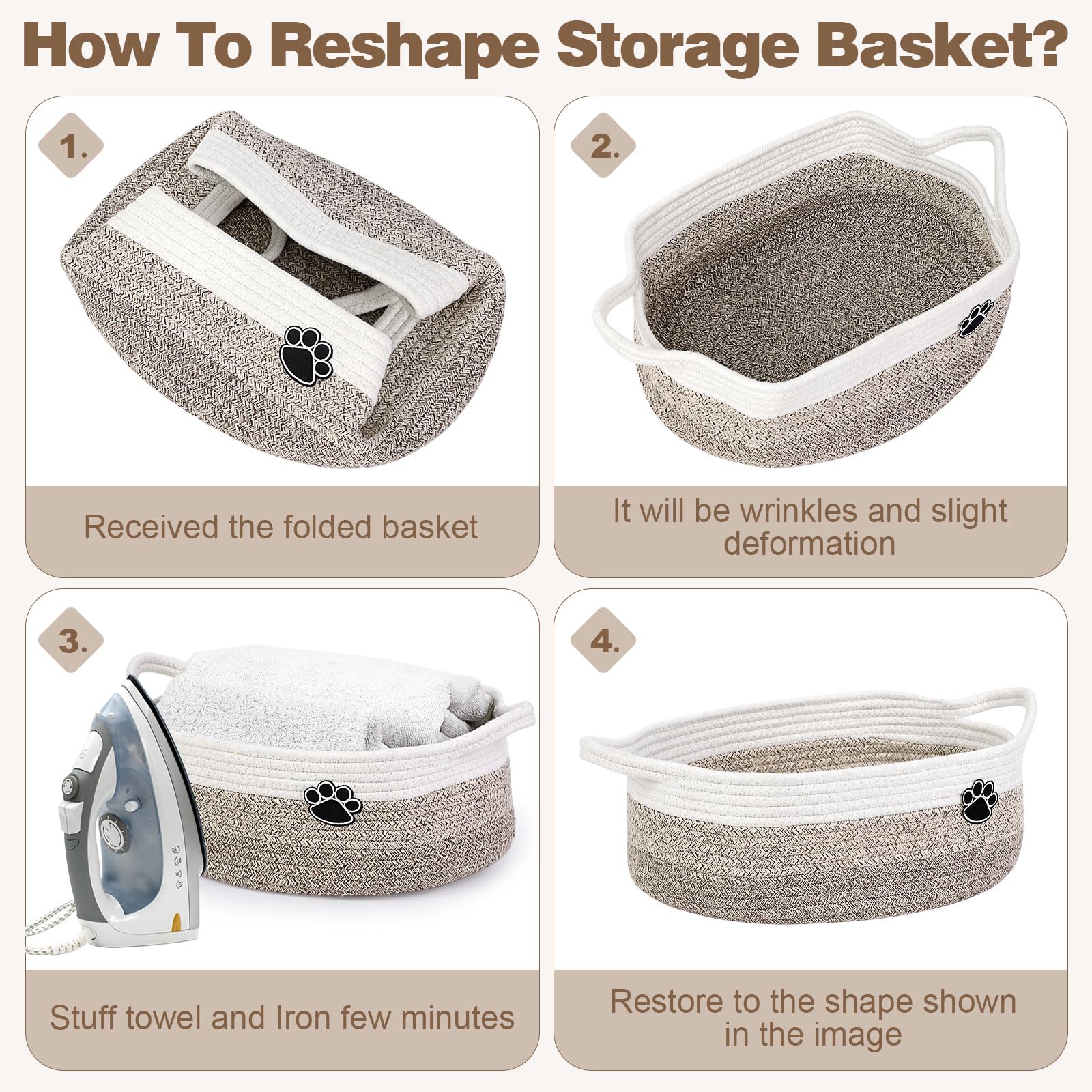 Optish dog toy basket white-brown colorway blends with decor while keeping items tidy.