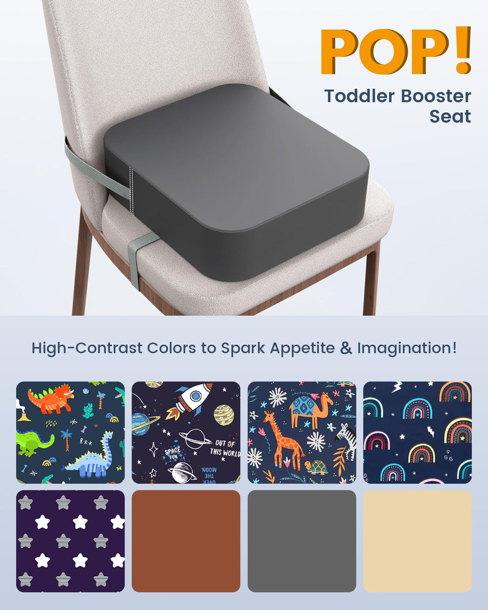 OPZAVYA booster seat with two buckle straps keeps chair secure during meals