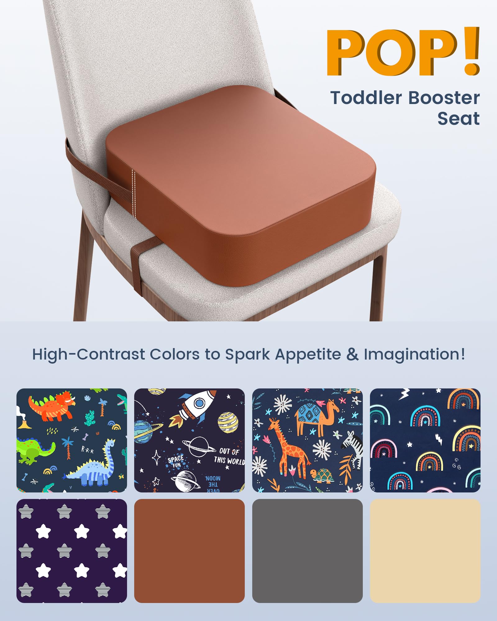 OPZAVYA Toddler Booster Seat with dual straps for stable chair fastening.