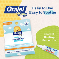 Orajel Baby daytime cooling gel label closeup shows drug-free branding.