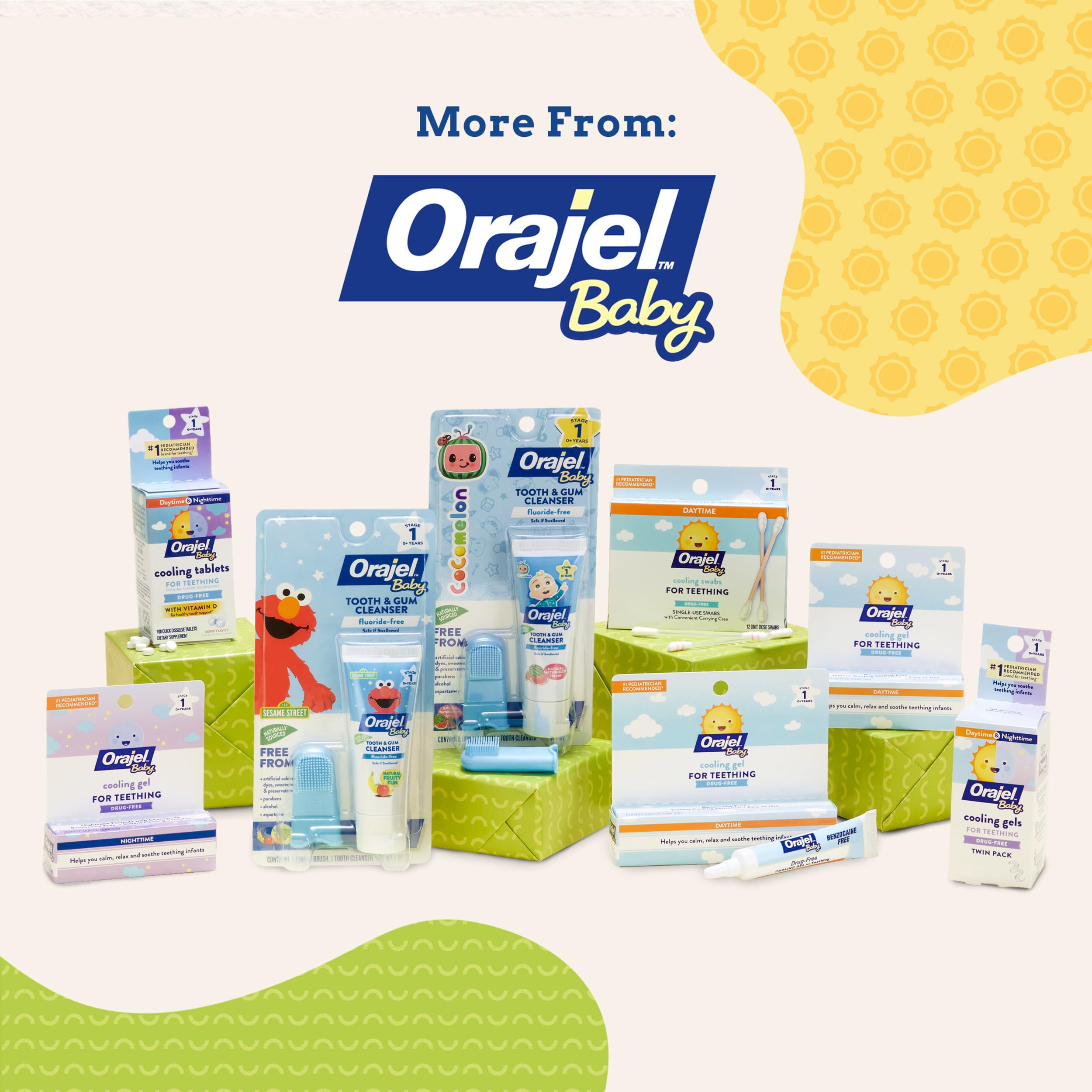 Orajel Baby daytime cooling gel texture swirl highlights cooling sensation.