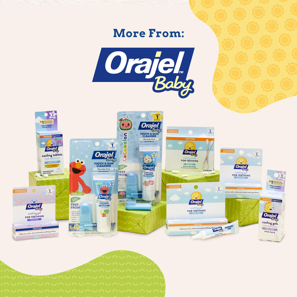 Orajel Baby daytime cooling gel texture swirl highlights cooling sensation.