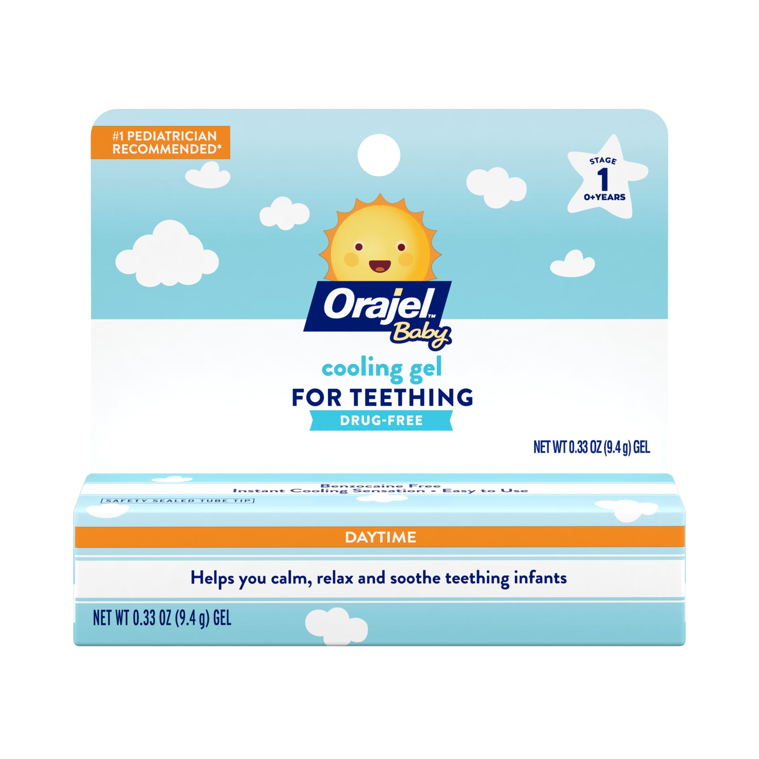 Orajel Baby daytime cooling gel tube provides quick teething relief.