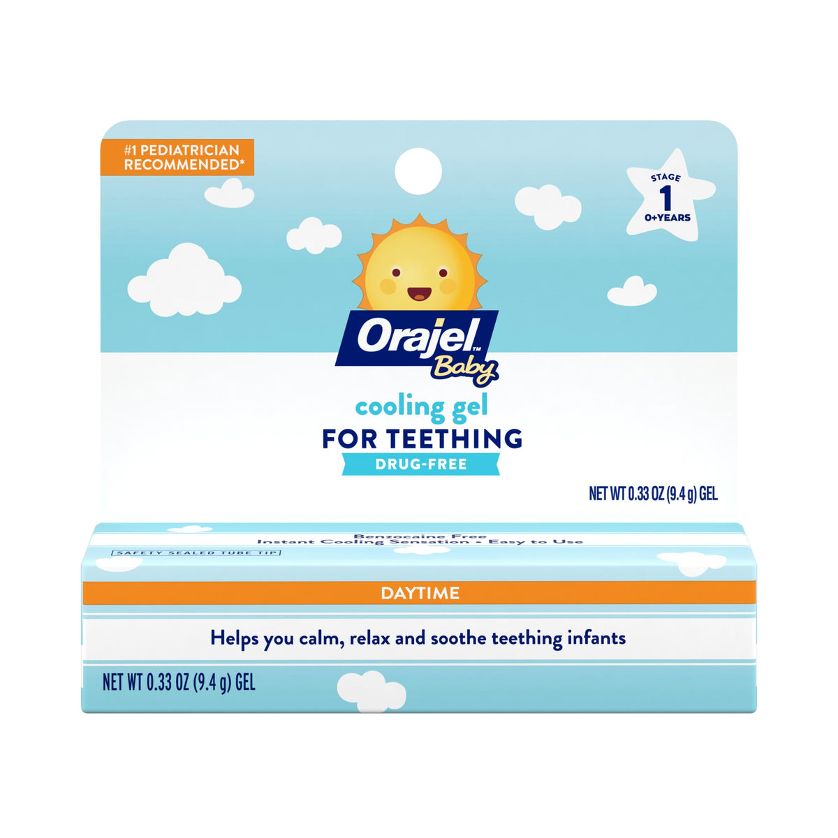 Orajel Baby daytime cooling gel tube provides quick teething relief.