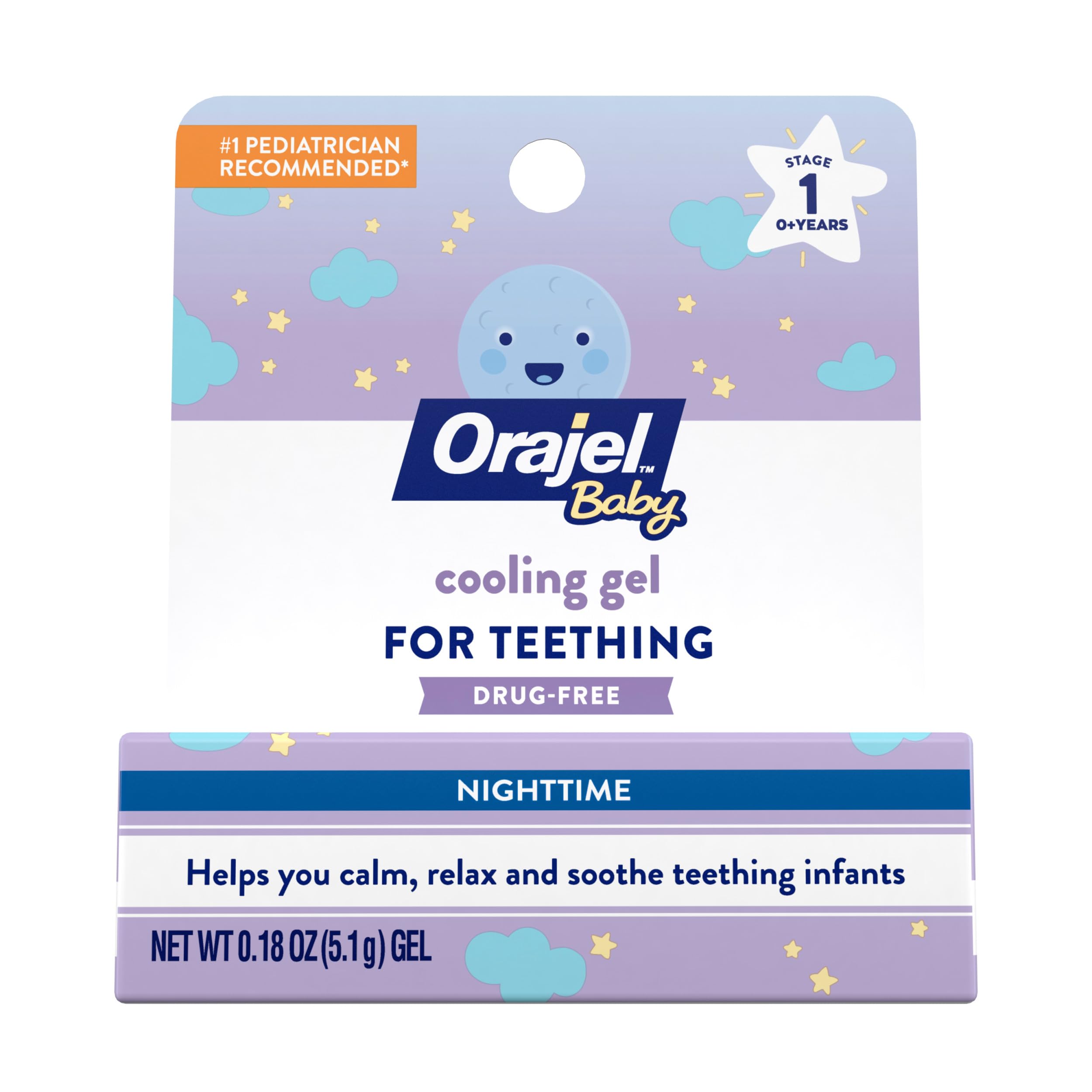 Orajel Baby Nighttime Cooling Gel tube provides soothing teething relief at night.