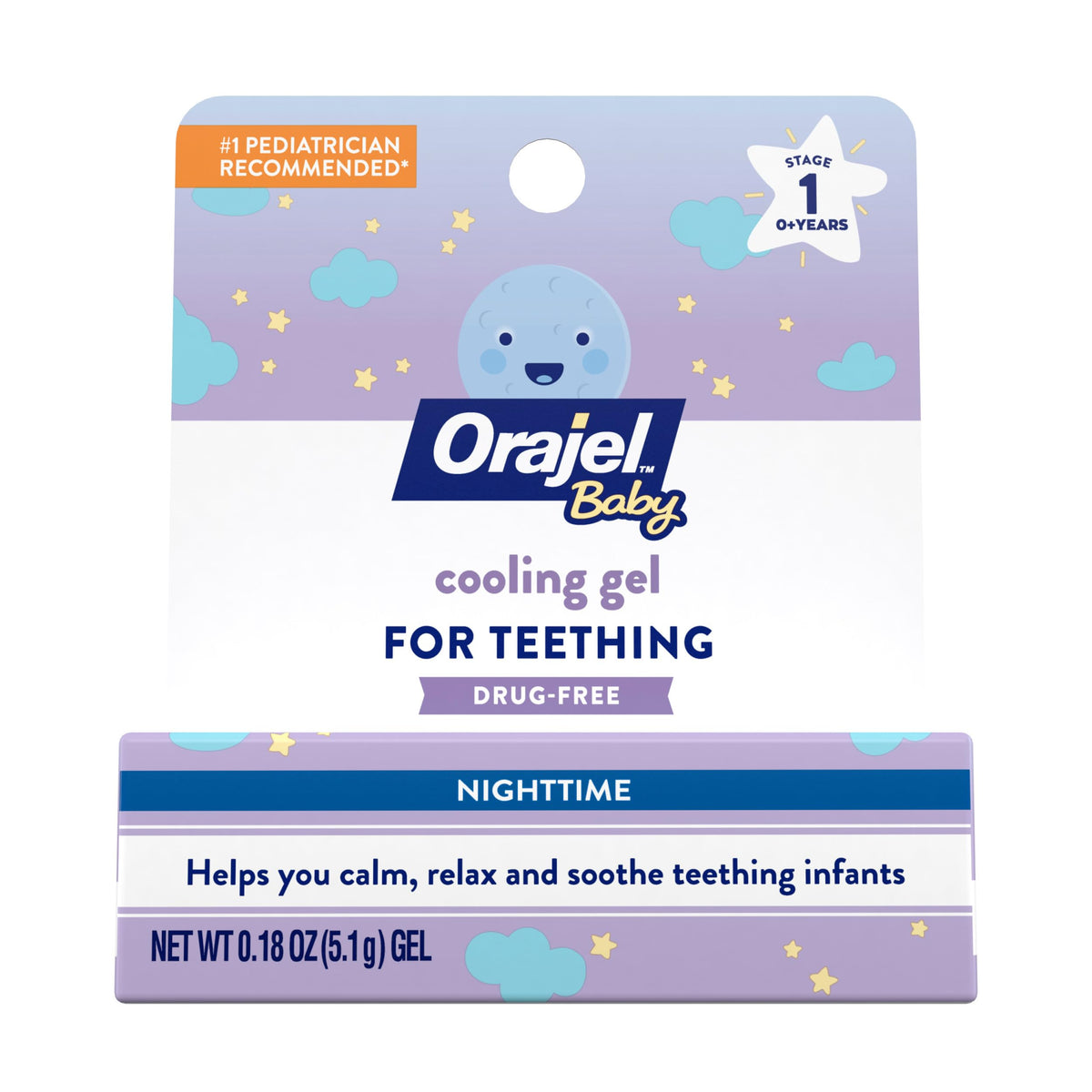 Orajel Baby Nighttime Cooling Gel tube provides soothing teething relief at night.