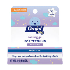 Orajel Baby Nighttime Cooling Gel tube provides soothing teething relief at night.