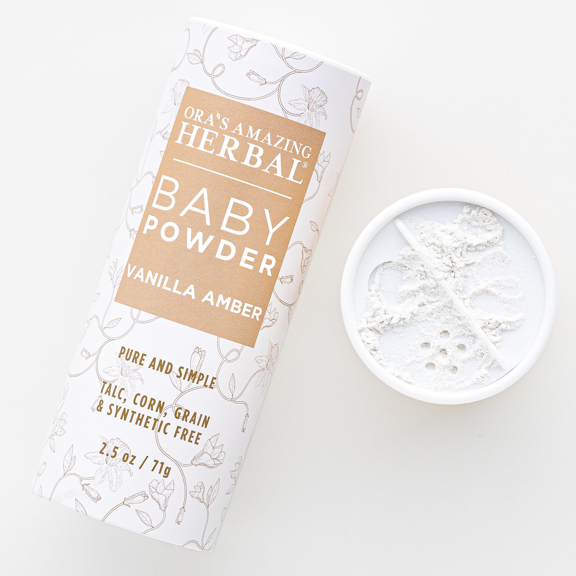 Ora's Amazing Herbal baby powder bottle with Vanilla Amber scent for gentle daily freshness