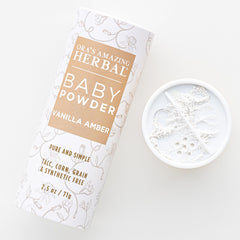 Ora's Amazing Herbal baby powder bottle with Vanilla Amber scent for gentle daily freshness