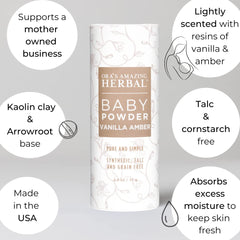 Packaging closeup shows talc-free, corn-free formula for sensitive skin