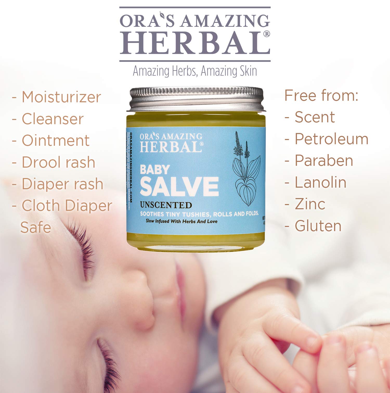 Close-up of Ora’s Amazing Herbal Baby Salve label showing fragrance-free formula