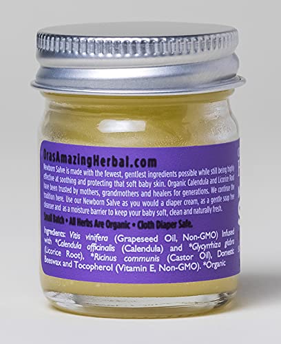 Baby skin care application on neck area with Ora's Amazing Herbal Newborn Salve for sensitive skin care