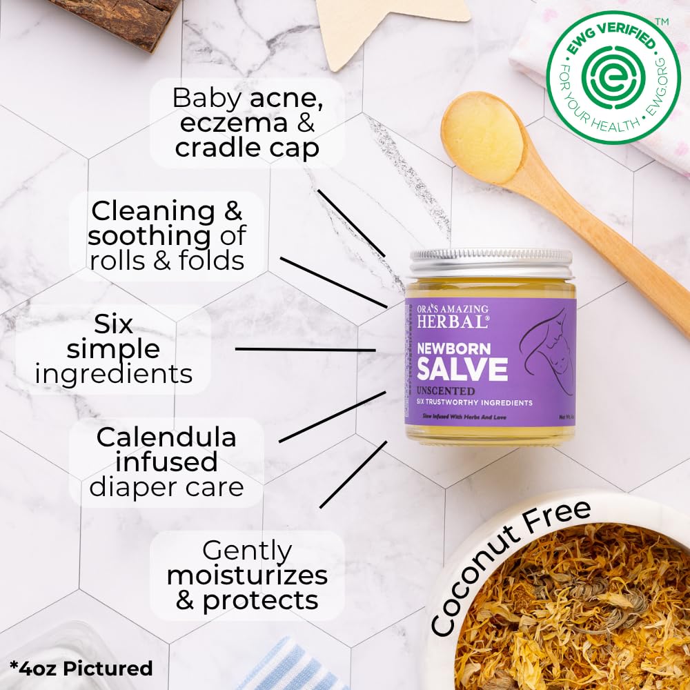 Ora's Amazing Herbal Newborn Salve being applied on baby skin during gentle routine.