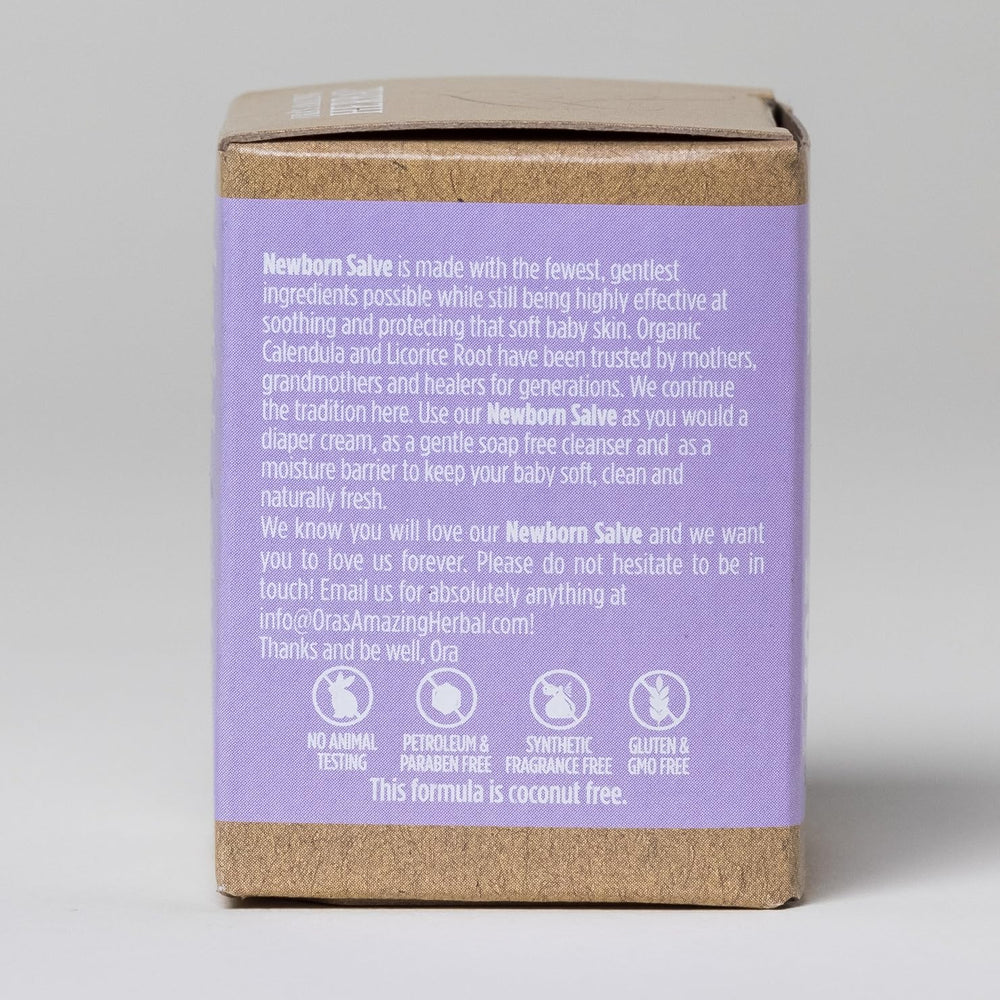 Minimal packaging and glass container emphasizing eco-friendly design of Ora's Amazing Herbal Newborn Salve