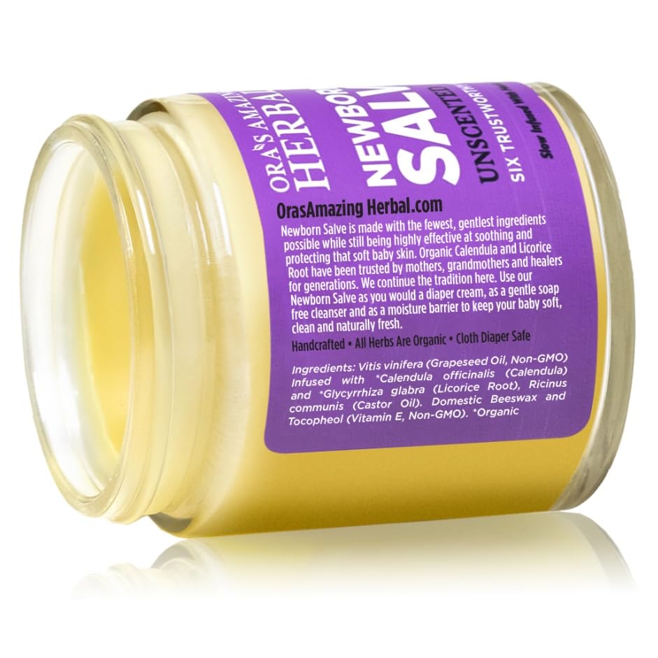 Ora's Amazing Herbal Newborn Salve fragrance-free formula in a glass container.