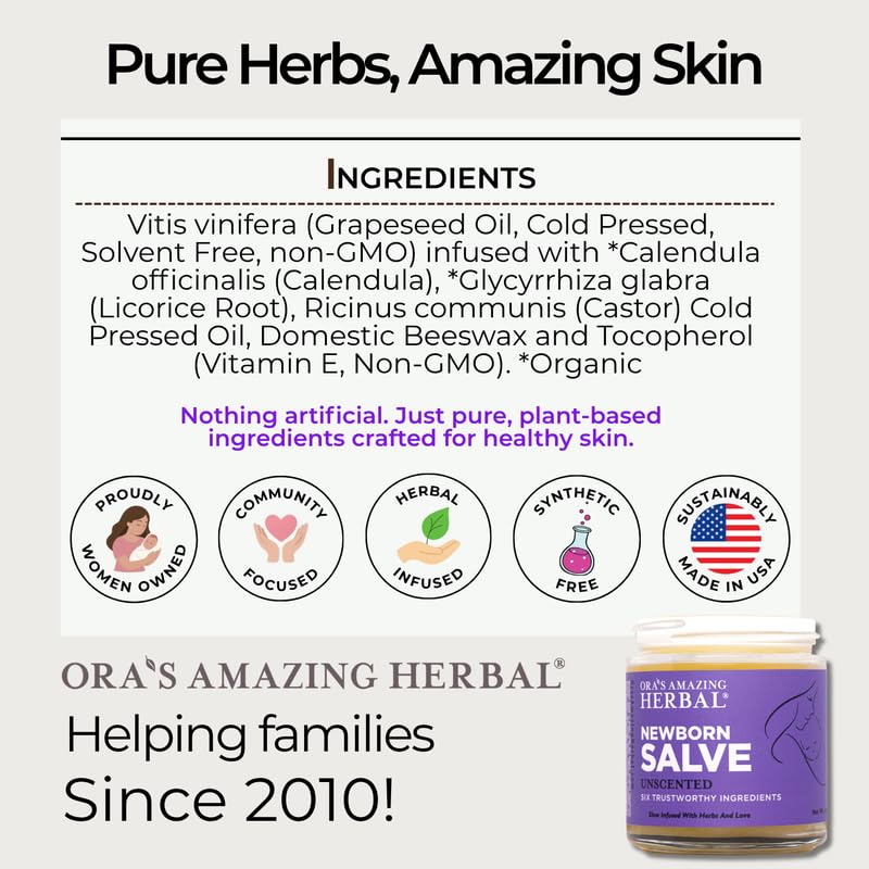 Ora's Amazing Herbal Newborn Salve in glass container highlighting fragrance-free, USA-made quality