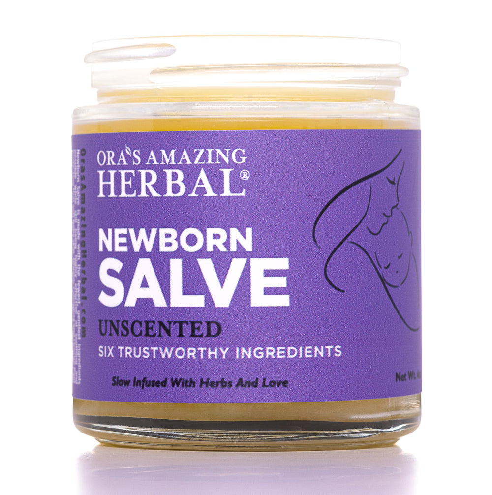 Ora's Amazing Herbal Newborn Salve jar shows a gentle, diaper-safe balm for sensitive skin.