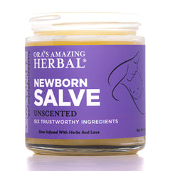 Ora's Amazing Herbal Newborn Salve jar shows a gentle, diaper-safe balm for sensitive skin.