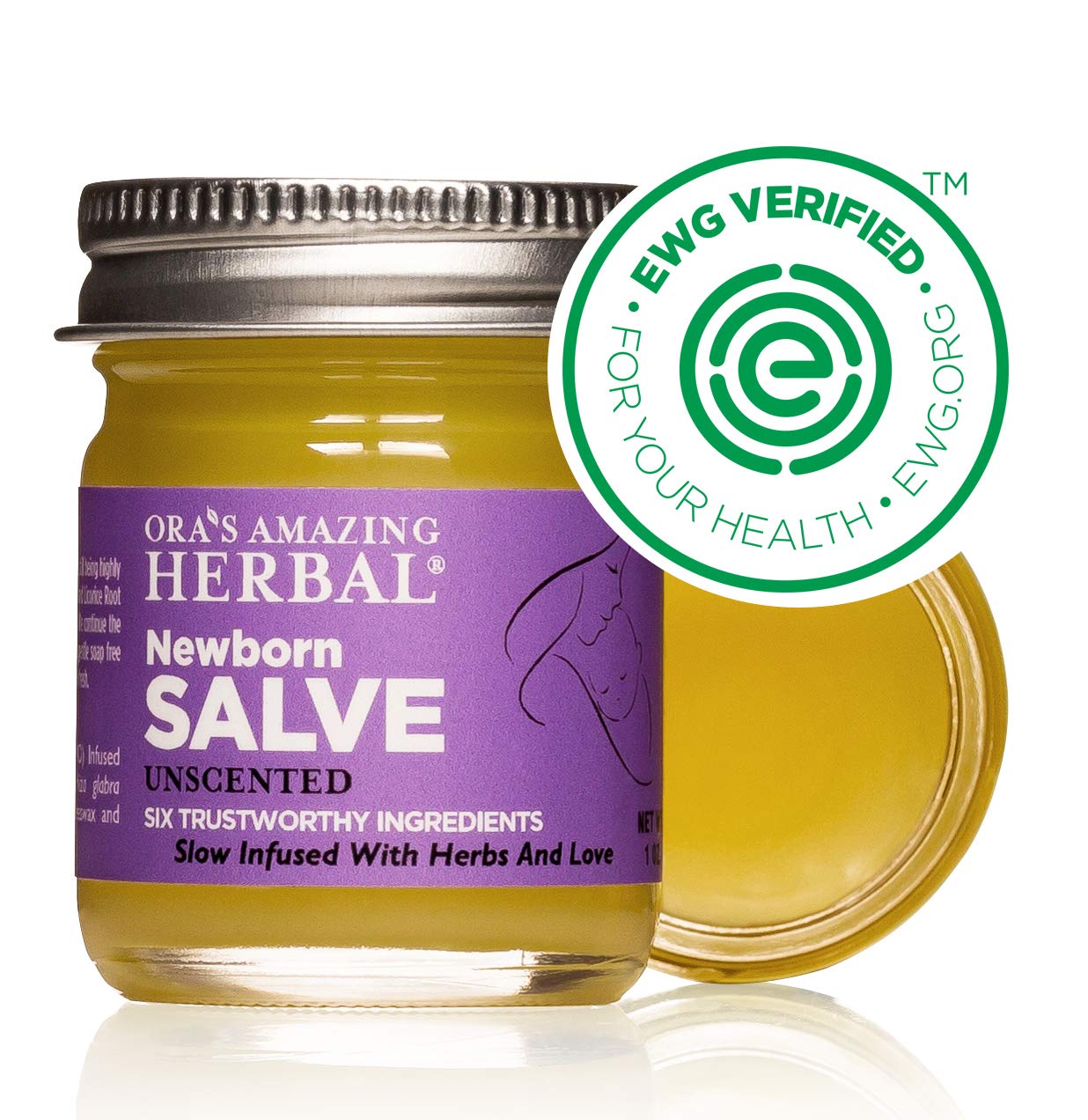 Label showcasing calendula, licorice, and castor oil in Ora's Amazing Herbal Newborn Salve
