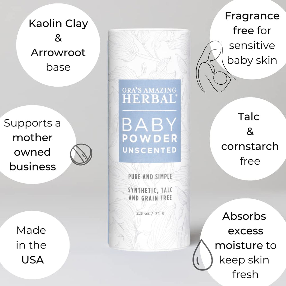 Ora's Amazing Herbal unscented powder being applied on skin for moisture absorption.