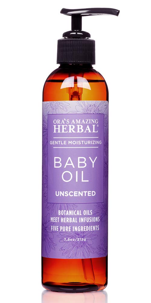 Ora's Calendula Baby Oil bottle with pump for gentle infant massage and moisturization.