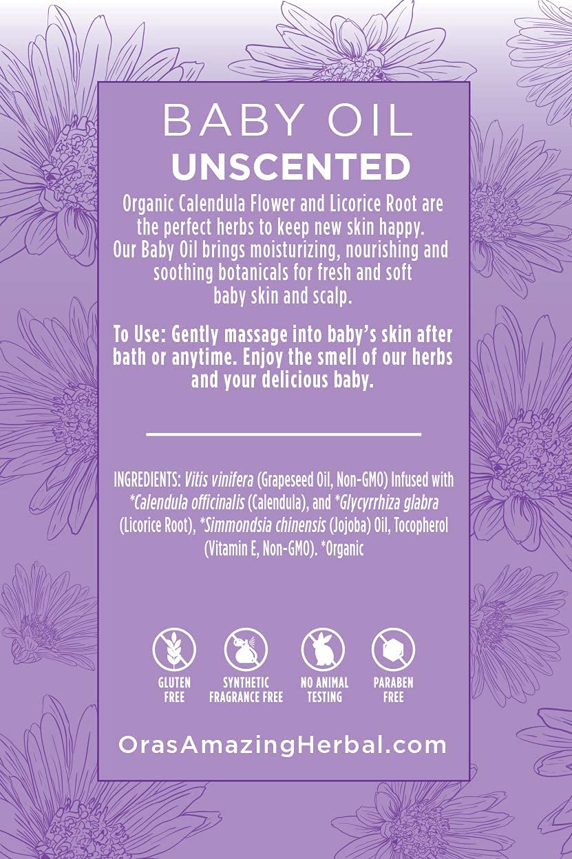 Ora's Calendula Baby Oil in infant massage hands for soothing touch.