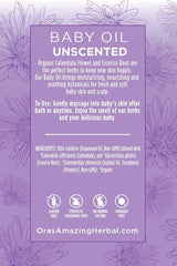 Ora's Calendula Baby Oil in infant massage hands for soothing touch.