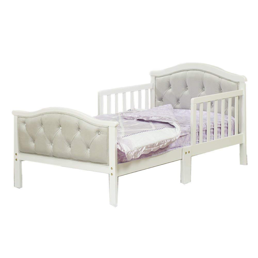 Orbelle Gray padded toddler bed frame with solid wood rails for sturdy sleep.
