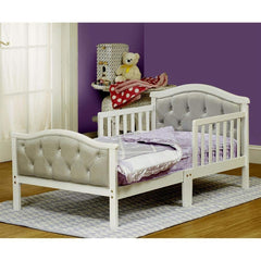 Orbelle Gray padded headboard with crystal-like buttons for cozy style.