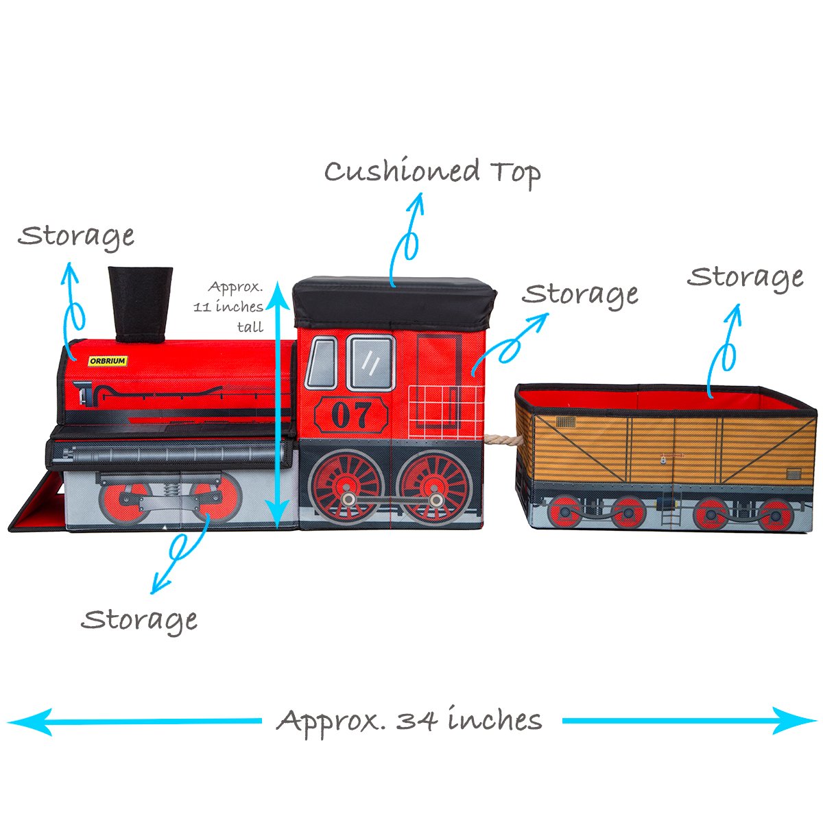 Orbrium train bin with separate compartments for engines and tracks keeps play tidy.
