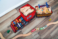 Orbrium train bin compatible with Trackmaster tracks and other brands for versatile storage.