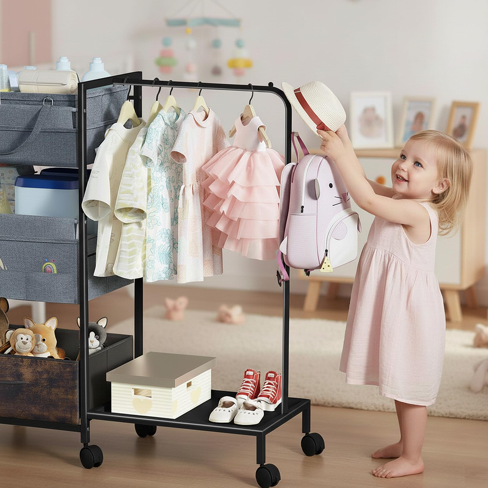 Orekemo Baby clothes rack helps organize nursery outfits.