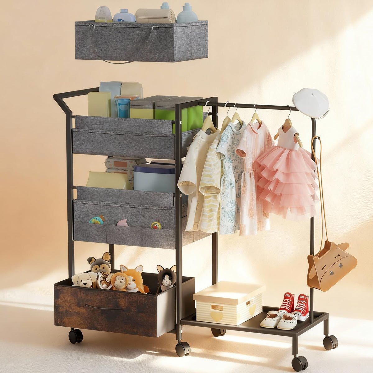 Orekemo Baby Diaper Caddy assembled, 3-tier design enables quick access.