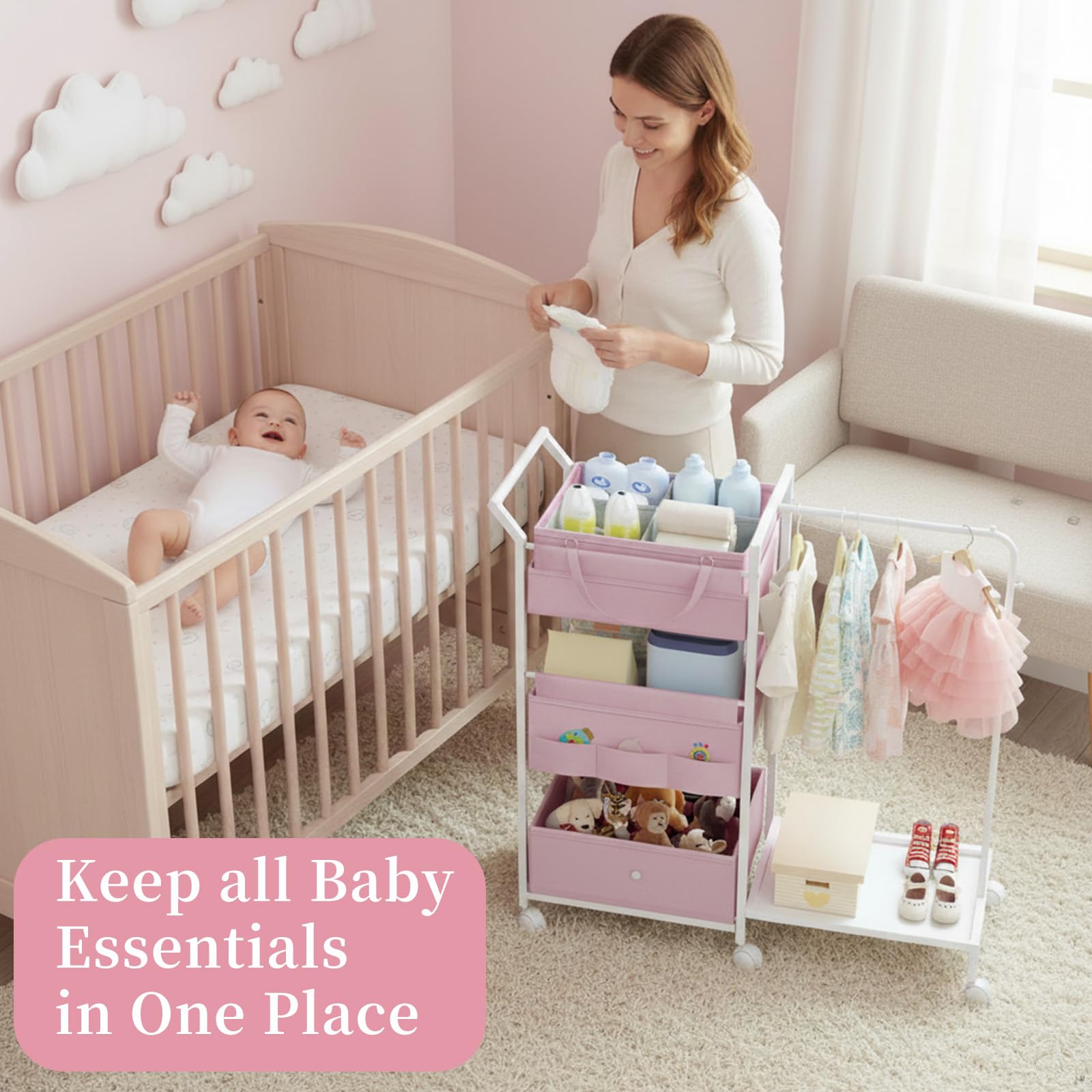 Orekemo diaper caddy 3-tier cart open drawer ideal for quick diaper changes.