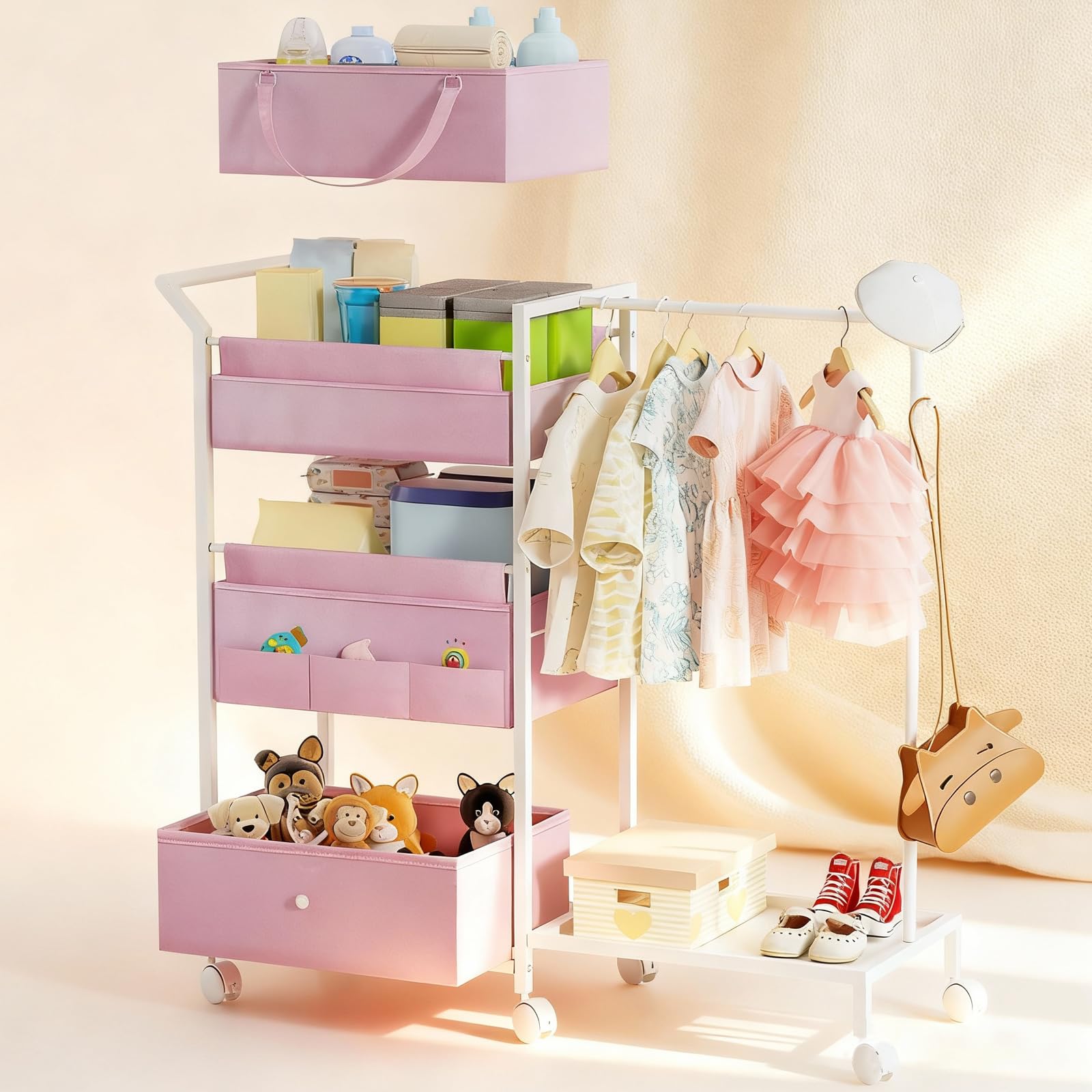 Orekemo 3-tier diaper caddy side view showing spacious compartments for baby essentials.