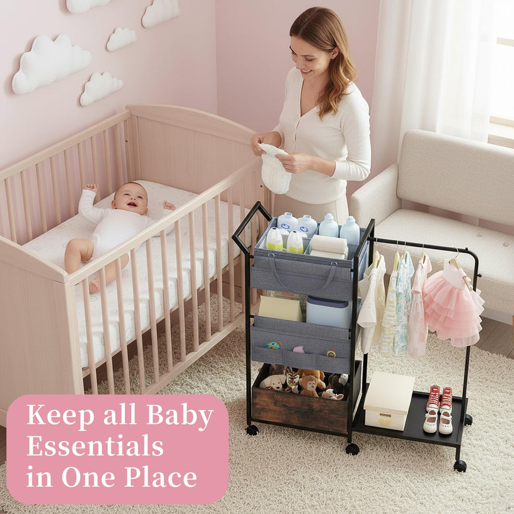 Orekemo Diaper Caddy side view highlights wheel mobility for effortless transport.