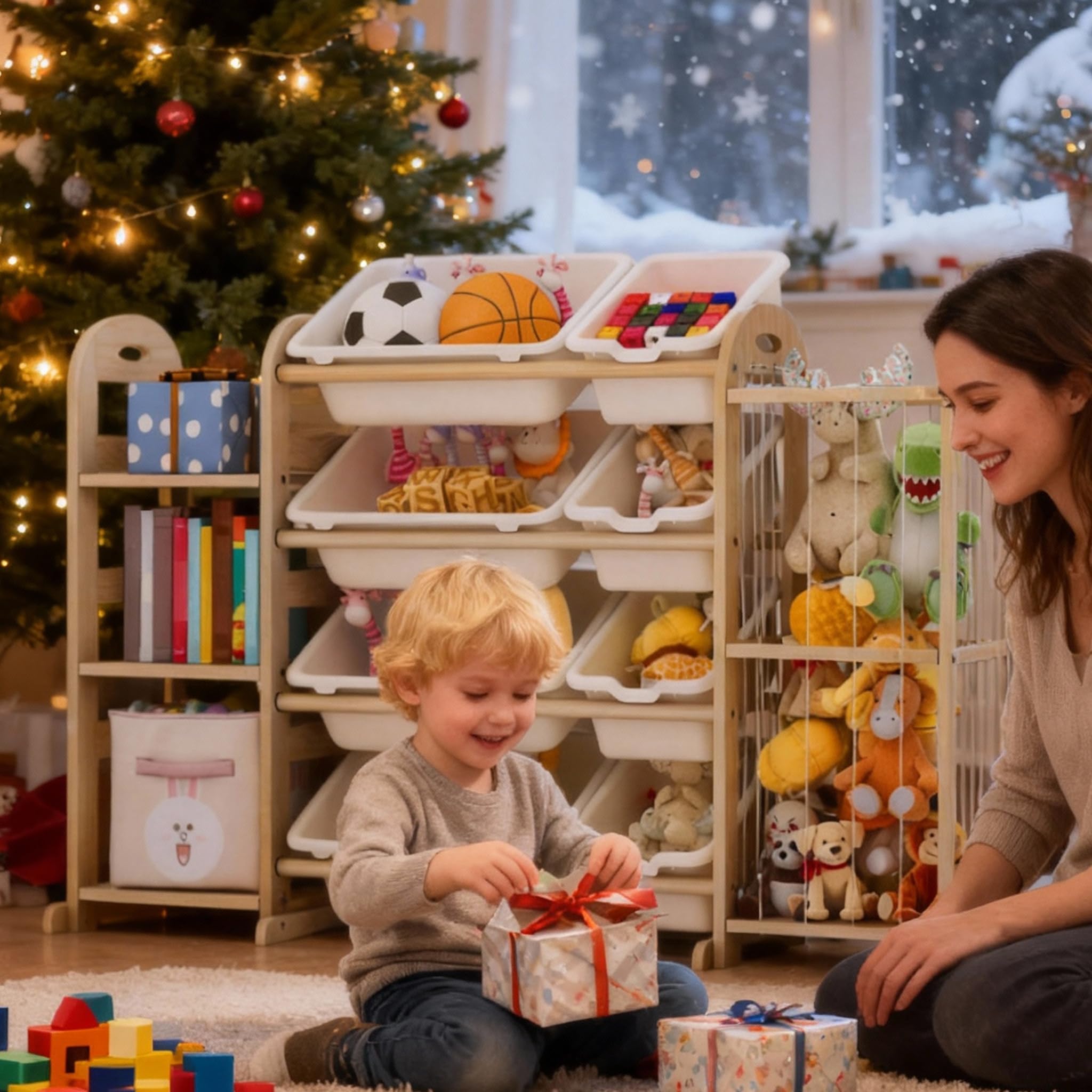Orekemo large bins storage wood offers ample space for plush toys and blocks.