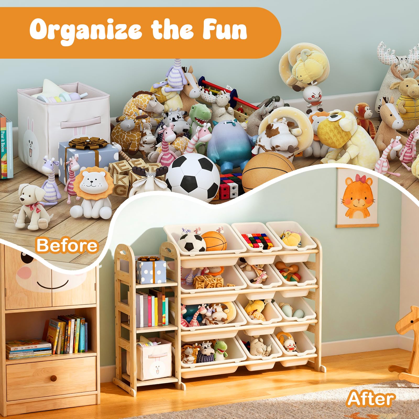 Orekemo toy storage organizer kid-friendly height supports independent access to books and toys