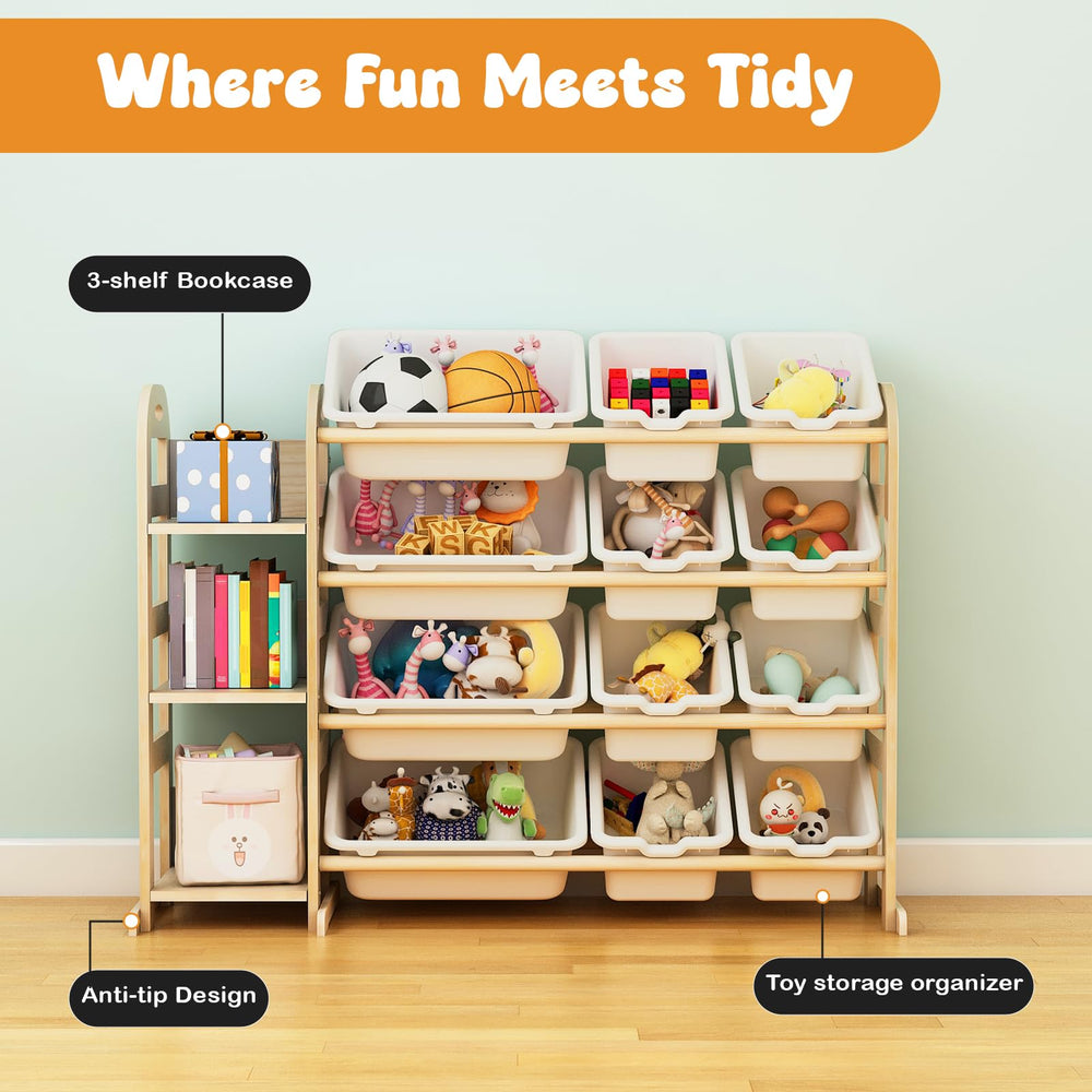 Orekemo toy storage organizer playroom setup shows modern white-and-wood aesthetic